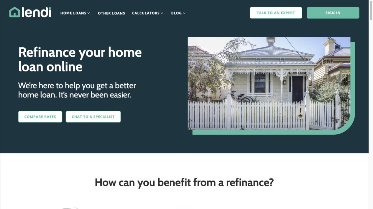 Actual Lendi refinance landing page captured 26 October 2026, with a home photograph and Compare rates action